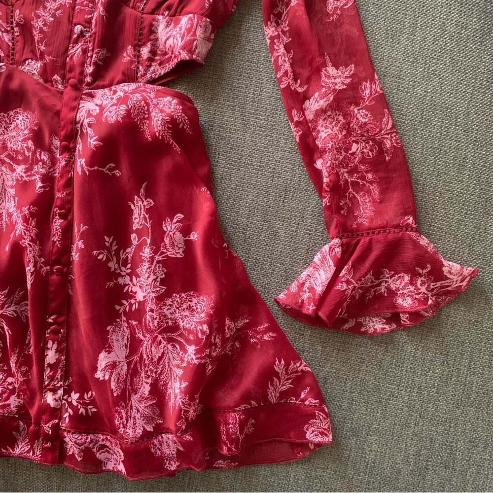 ASOS DESIGN Ruffle Detail Mini Dress with Button Detail in Red Floral Print - Picture 6 of 6